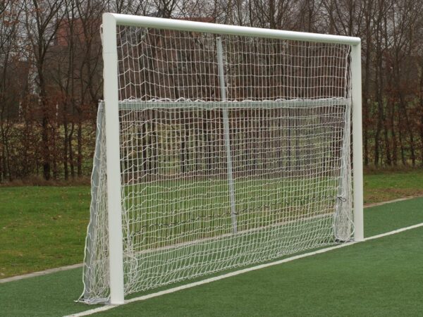 Jugendtor "YOUNGSTER" - easytec - mit Netzbügeln, zum Einstellen in Bodenhülsen, aus Aluminium, vollverschweißt, Sicherheitsnetzhaken, Farbe Alu weiß