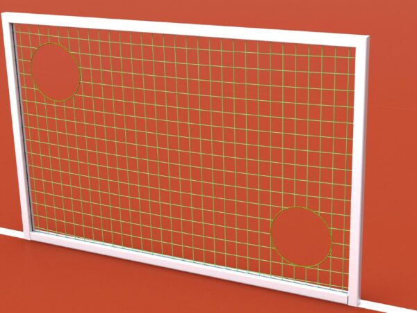 Torwand aus Aluminium gefertigt, Füllung aus Kunststoffnetz, mit verlängerten Pfosten zur Bodenverankerung in Bodenhülsen