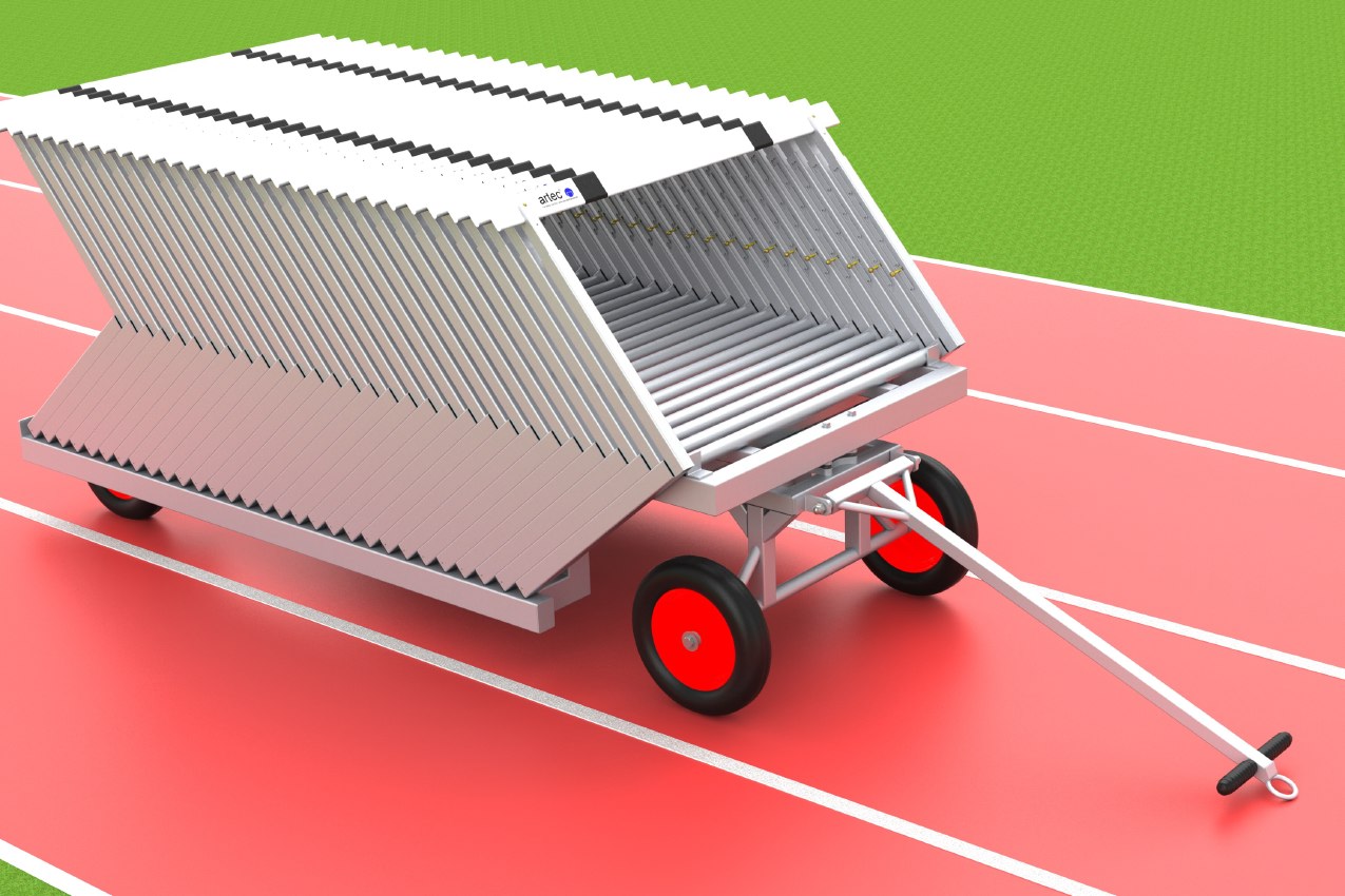 Hürdentransportwagen aus Aluminium für 30 Hürden, Beladung von hinten von artec Sportgeräte