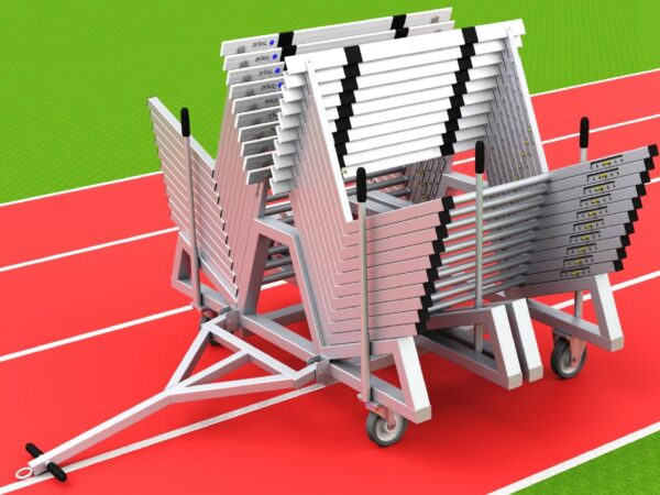 Hürdentransportwagen aus Aluminium für 20 Hürden, Beladung von der Seite von artec Sportgeräte