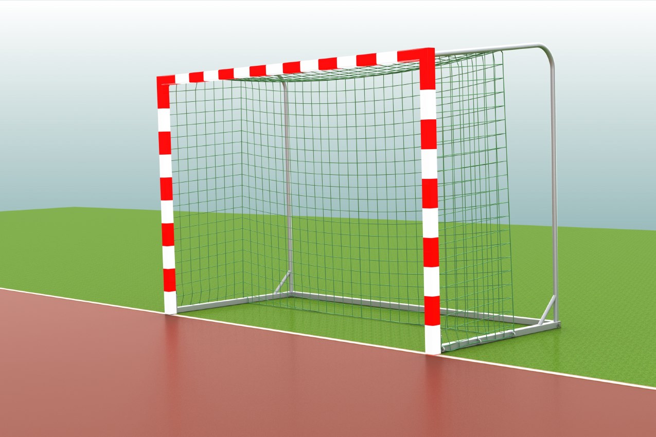 Handballtor in Rot / Weiß, anklappbare Netzbügel
