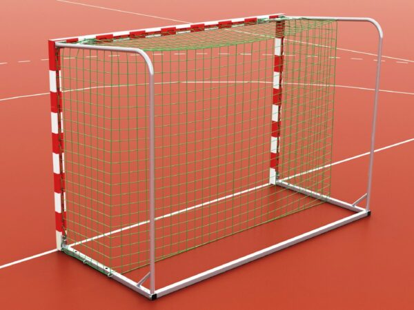 Handballtor aus Aluminium, eingefräste Netzaufhängung, Torrahmen in einem Stück verschweißt, Ausladung: 1,40 m, Farbe: rot/weiß, BW-Standard von artec