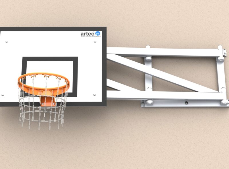 Einklappbare Wandkonstruktion für Basketball mit einer Ausladung von 1,25 m